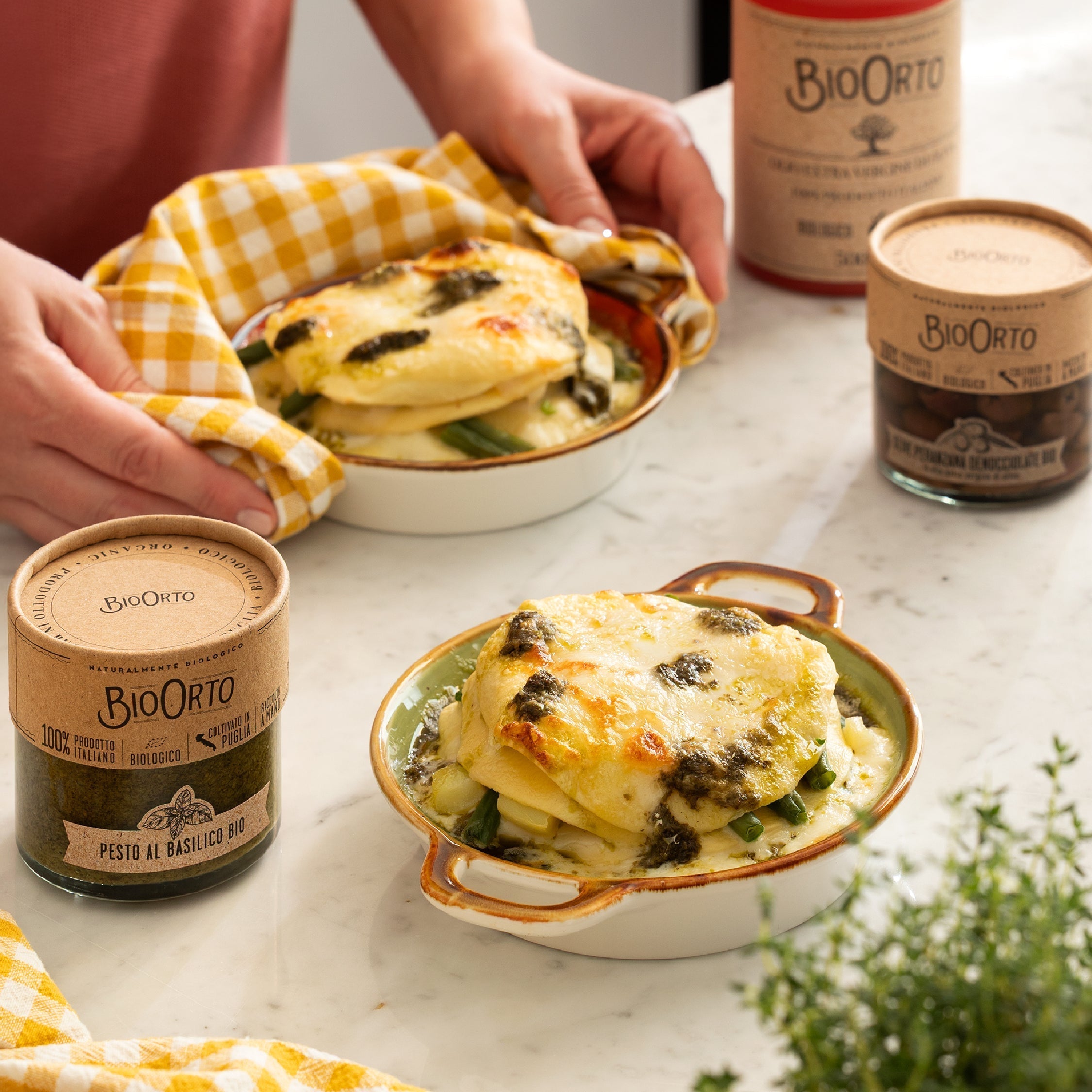 Organic Basil Pesto Lasagna with stracchino cheese, pitted olives